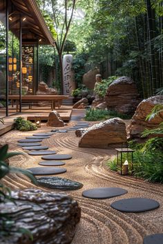 a garden with rocks and plants in it