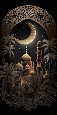 the moon is shining over an ornate building with palm trees in front of it and a crescent