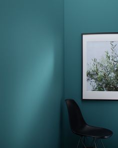 a black chair sitting in front of a blue wall with a picture hanging on it