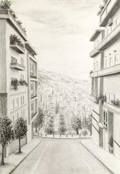 a pencil drawing of a city street with buildings and trees on the side, looking down an alley way