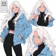 an anime character with long white hair and blue eyes, wearing black pants and a denim jacket