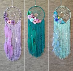 three pictures of dream catchers with flowers and feathers