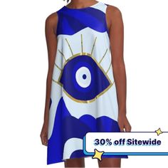 Loose-fit, mid-length sleeveless dress with silky handfeel. Printed on both sides. Machine washable. Size range XS-2XL. Lava All Seeing Blue Evil Eye All Seeing, Blue Evil Eye, Woven Dress, Dress For Sale, Both Sides, Dress Fabric, Evil Eye, Mid Length, Dad Hats