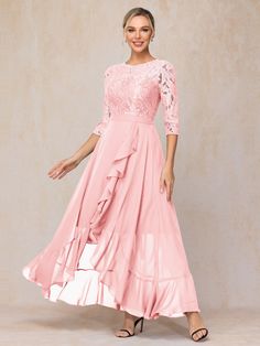 Details: Fabric: Chiffon; Lace Neckline: Round Neck Sleeve Length: Short Sleeves Embellishment: None Dress Length: Ankle Length Available in full size range (US0-US30) and in custom size