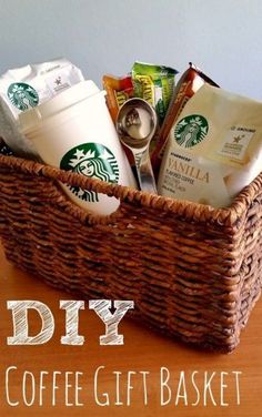 a basket filled with starbucks coffee and other items