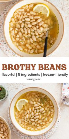 brothy beans in a bowl with lemon and herbs