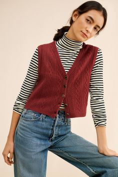 Rent Beatrice Cashmere Vest from Nuuly. Pick 6 items for $98/month. Free shipping + returns. Gracie Outfit, Vintage Vest Outfit, Red Vest Outfit, Free People Aesthetic, People Aesthetic, Vest Outfit, Feminine Details, Red Vest, Vintage Vest