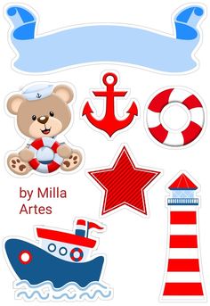 a set of stickers with an image of a teddy bear, boat and anchor