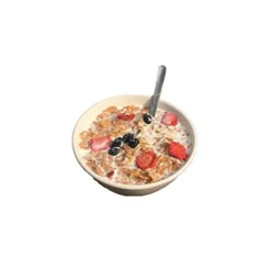 a bowl of oatmeal with strawberries and blueberries in it on a white background