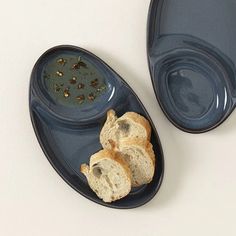 two pieces of bread on a blue plate