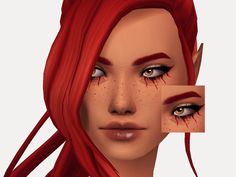 a woman with red hair has blood on her face and eyeliners as if it were makeup