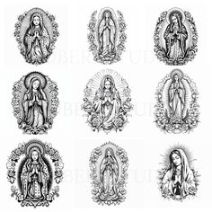 an image of the virgin marys in different styles and sizes, with ornate border around them