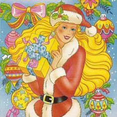 a painting of a girl in santa claus's outfit holding a present under christmas decorations