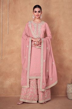 Pink Blush Designer Embroidered Party Wear Sharara Suit-Saira's Boutique Pink Salwar Suit, Plazzo Suit, Plazzo Suits, Churidar Suits, Patiala Suit, Palazzo Suit, Sharara Suit, Salwar Kamiz, Heavy Embroidery