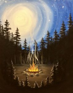 a painting of a campfire in the middle of a forest under a night sky