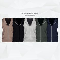 the sleeveless zip - up hoodie is available in four different colors and sizes