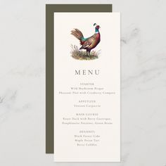 a menu card with a rooster on it