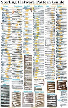 the pattern guide for sterling flatware patterns, including different sizes and colors to choose from