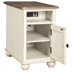 a white cabinet with an open door on wheels