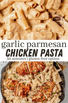 garlic parmesan chicken pasta in a skillet with the title text above it