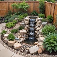 a small pond surrounded by rocks and plants