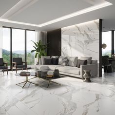 a living room with marble floors and walls