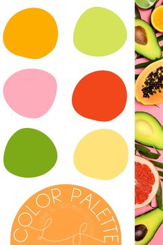 the color palette is shown with different fruits and vegetables around it, including avocado, grapefruit, and oranges