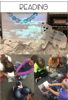 children sitting on the floor reading books in front of a polar bear statue with text overlay