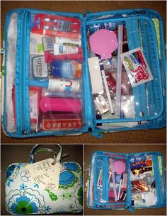 an open blue bag filled with lots of items