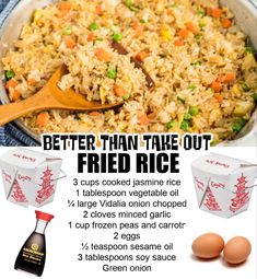 an advertisement for fried rice and eggs in a pan with the words, better than take out