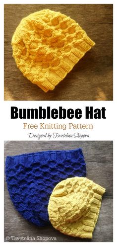 two knitted hats with text that reads bumblebee hat free knitting pattern