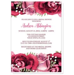 a wedding shower card with roses and pearls on the bottom, in red tones is shown