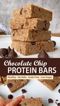 chocolate chip protein bars stacked on top of each other with text overlay that reads, chocolate chip protein bars