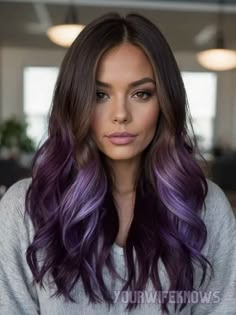 Colored Balayage Brunette, Coloring The Ends Of Your Hair, Brown To Purple Ombre Hair Long, Ombre Fashion Color Hair, Brown With Peekaboo Color, Purple Hair Tips Brown, Dark Purple Balayage Brunettes, Brunette And Purple Hair, Hair Color For Fine Hair