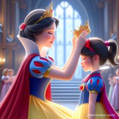 two girls dressed as snow and princesses are standing in front of a window with their hands on each other's head