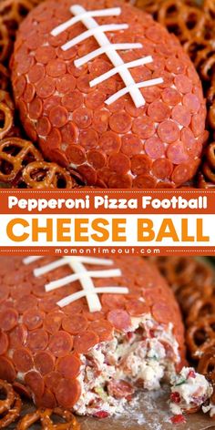 Looking for the perfect Superbowl party food idea? Try this Pepperoni Pizza Football Cheese Ball! Easy to make with cream cheese, mozzarella cheese, Parmesan cheese, pimientos, bacon, Italian seasoning, and pepperoni. It's perfect for your game day menu, so make it today and enjoy! Football Cheese Ball Recipes, Best Snacks For Football Players, Pepperoni Football Cheeseball, Football Cheeseball Recipes, East Football Snacks, Georgia Bulldog Appetizers, Bengals Football Food, Saturday Football Food, Superbowl Cheeseball