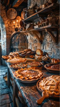 many pies are lined up on the table in front of some shelves filled with bread