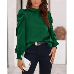 S=Us 4-6, M=Us 8-10, L=Us 12-14, Xl=Us 16-18, Xxl=Us 20 / Womens Tops Dressy Casual / Shiny Silk-Like Fabric / High Neck / Mock Neck / Puff Sleeve / Long Sleeve / Smocked Cuffs / Button Keyhole Back / Outer Seam At Back Material: Crafted From A Smooth, Silk-Like Fabric, This Casual Blouses For Women Offers A Luxurious Feel Against Your Skin Highlight: The Womens Blouse Features High Mock Neck Design, Exuding A Trendy And Feminine Flair. The Puff Sleeves Add A Touch Of Sophistication, While The S Solid Color Long Sleeve Puff Sleeve Top For Party, Solid Long Sleeve Puff Sleeve Top For Party, Casual Puff Sleeve Long Sleeve Top For Party, Casual Long Sleeve Puff Sleeve Top For Party, Fall Puff Sleeve Padded Top, Fall Lantern Sleeve Top Solid Color, Padded Puff Sleeve Top For Fall, Green Long Sleeve Puff Top For Spring, Solid Color Puff Sleeve Top For Fall Party