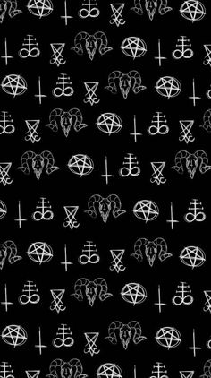 a black background with white symbols and pentagrams on it, all in the same pattern