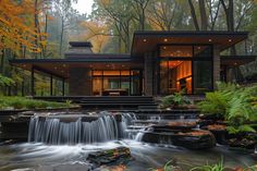 a house in the woods with a waterfall running through it's front yard and stairs leading up to the upper level