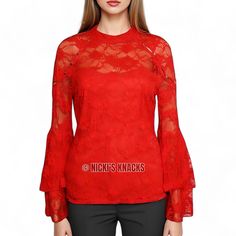 Make A Statement In This Stunning Boston Proper Long Sleeve Lace Top. Featuring Dramatic Flounce Bell Sleeves And Intricate Lace Overlay With Chic Cut-Outs At The Shoulders, This Vibrant Red Piece Exudes Elegance And Sophistication. Adorned With Luxurious Gold Buttons And A Charming Keyhole Back With Button Closure, It's The Epitome Of Feminine Allure. - Lace Construction With A Lined Bodice - Long Flounce Bell Sleeves - Open Shoulder Cut-Outs With Gold Buttons - Keyhole At Back With Button Clos Luxury Lace Button-up Blouse, Long Sleeve Lace Top, Poncho Blouse, Sheer Lace Top, Gold Blouse, Lace Top Long Sleeve, Tie Front Cardigan, Boston Proper, Shoulder Cut