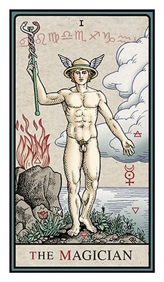 a tarot card with an image of a man holding a staff