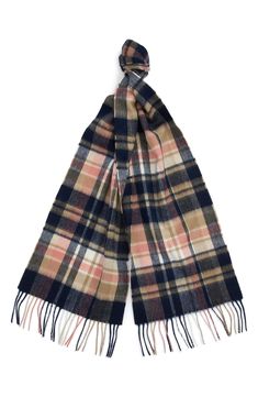 Woven from cozy lambswool with a hint of cashmere, this fringed scarf is made in a lengthy size that shows off more of the bold plaid pattern. 95% wool, 5% cashmere Dry clean Imported Blanket Coat, Winter Plaid, Concept Clothing, Vintage Winter, Jumper Shirt, Vintage Plaid, Vintage Scarf, Cashmere Scarf, Navy Pink