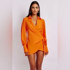 Nwt Meshki Split Long Sleeve Wrap Micro Mini Dress W/ Bow Detail Orange Size Xl In Original Packaging Open To Offers Questions? Leave A Comment Below! Solid Color Long Sleeve Mini Dress For Day Out, Long Sleeve Solid Mini Dress For Day Out, Fitted Solid Color Shirt Dress For Day Out, Orange Long Sleeve Dress For Brunch, Fitted V-neck Shirt Dress For Brunch, Chic Orange Shirt Dress For Spring, Orange Fitted Shirt Dress For Spring, Orange Long Sleeve Mini Dress For Brunch, Spring Orange Fitted Shirt Dress