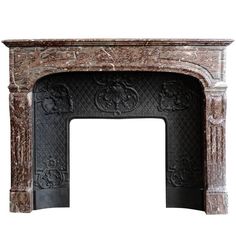 an old fireplace with ornate carvings on the front and sides, isolated against a white background