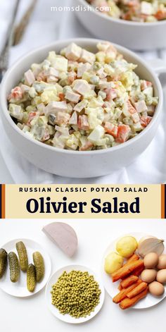 russian potato salad with pickles, carrots and cucumbers in white bowls