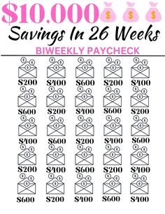 a printable savings sheet with the words $ 10, 000 and saving in 26 weeks