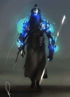 an image of a man with blue lights on his face and arms holding two swords