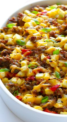 a casserole dish with meat and vegetables in it