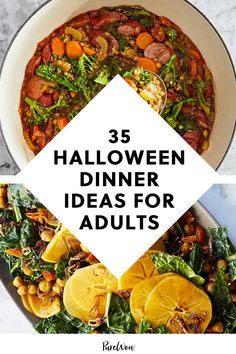 three different dishes with text overlay that says 35 halloween dinner ideas for adults